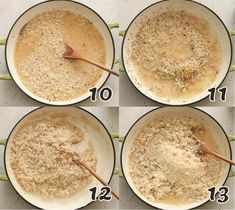 four pictures showing how to make an oatmeal mixture