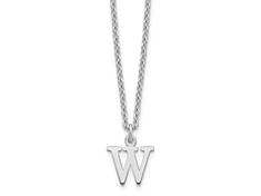 Rhodium over sterling silver cut-out letter "W" initial necklace with polished finish and lobster claw clasp. Chain measures approximately 18"L x 1/16"W, charm measures 7/16"L x 1/4"W. W Initial, Cut Out Letters, Letter W, Initial Necklace, Lobster Claw, Initials, Cut Out, Sterling Silver, Chain