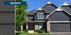 the front and side of a house with gray siding