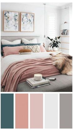 a bedroom with white walls, pink bedding and blue accents in shades of grey