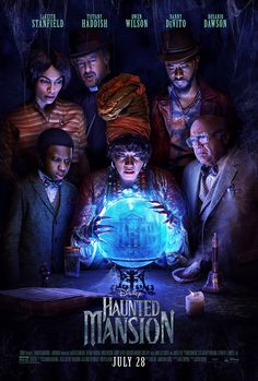 the poster for the movie's upcoming horror film, haunted mansion starring actors from left to right