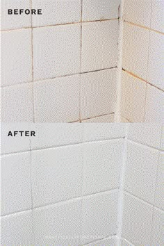 before and after pictures of a bathroom shower with white tile on the walls, showing how to clean it