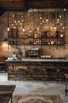 an industrial style kitchen with brick walls and lots of lights hanging from the ceiling, along with bar stools