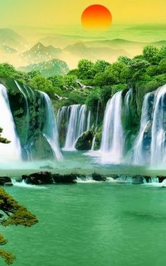 an artistic painting of waterfalls and trees in the sun set over water with green foliage