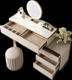 a vanity with drawers and a mirror on it's side, next to a stool