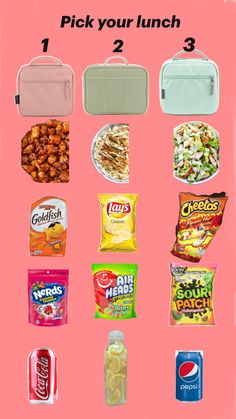 the contents of a lunch box are shown on a pink background with text that reads, pick your lunch