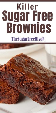 two brownies on a white plate with chocolate frosting and the words killer sugar free brownies