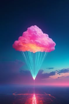 a pink cloud floating in the sky over a city under a blue and pink sky