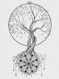 a drawing of a tree with its roots in the center and leaves on it's branches