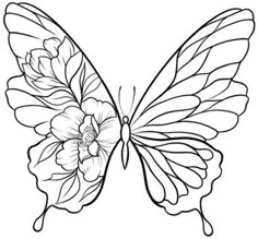 a butterfly with flowers on it's wings, drawn in black and white ink