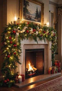 a fireplace decorated with christmas garland and lights