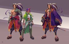 three characters in different outfits standing next to each other