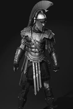 a black and white photo of a man in armor