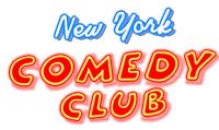 the new york comedy club logo is shown in red, blue and yellow letters that spell out