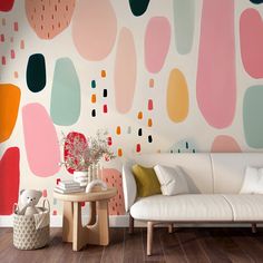 Colorful Brushstrokes Peel and Stick Wall Decor Painted Pattern On Wall, Murals For Nursery, Organic Shape Mural, Simple Playroom Mural, Easy Bathroom Mural, Colorful Wall Painting Ideas, Painted Flower Mural Wall, Painted Wall Accent, Diy Kids Wall Mural