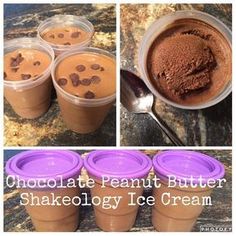 chocolate peanut butter shakeology ice cream in plastic cups with spoons and scoopers