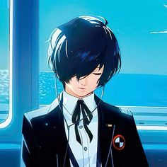 an anime character with black hair wearing a suit and tie, looking out the window