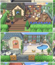 four different views of a house in the game animal crossing, including a pool and deck