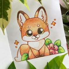 a drawing of a fox sitting on top of a table next to some leaves and flowers