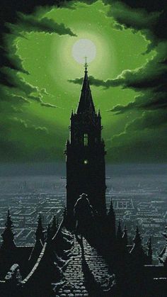 a painting of a clock tower in the middle of a night sky with green light