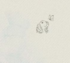 a drawing of a dog with a butterfly on it's nose, in the air