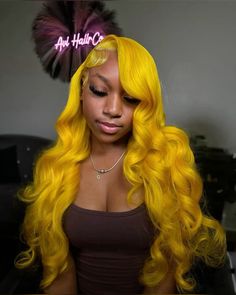 #yellowhair #yellowwig #wiginstall Yellow Deep Wave Wig, Colored Wig Styles For Black Women, Dark Skin Colored Wig, Color Wig Ideas Black Women, Ginger Wig Hairstyles For Black Women, Custom Color Wigs On Dark Skin, Yellow Wigs On Black Women, Yellow Hair Black Women, Yellow Frontal Wig