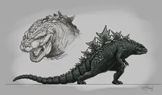 a drawing of a godzilla and a dragon with their heads turned to look like they are facing each other