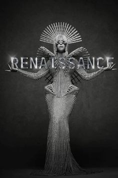 a black and white photo of a woman in a dress with the words renaissancece on it