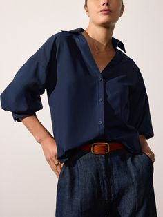 Kate V-neck button up navy shirt front view 3 Cheap Classic Navy Tops, Cheap Navy Shirt For Women, Shirt Button Women, Brochu Walker, It Day, Feminine Blouses, Those Days, Twill Pants, Easy Breezy