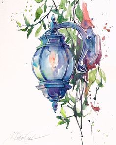 a watercolor painting of a blue tea pot with green leaves on it and a candle in the middle