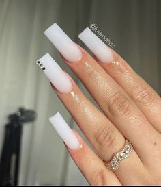 White On White Acrylic Nails, Plain White Nails With Rhinestones, All White Nail Designs, Small Rhinestone Nails Designs, White Medium Length Nails, White Matte Nails With Design, Soft White Nails Acrylic With Design, All White Nails Acrylic, Off White Nails Acrylic