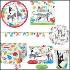 an animal themed birthday party set with plates, napkins and cups for children's birthday