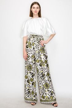 Green Multi Satin Floral Print High-Waisted Wide Pants Silk Wide-leg Pants With Floral Print, White Floral Print Trousers, High-waist Silk Pants For Spring, High Waist Silk Pants For Spring, Spring Silk Pants, White Silk Wide-leg Pants, Chic White Floral Print Wide Leg Pants, Spring Silk Wide-leg Pants, Silk Pants With Elastic Waistband For Spring