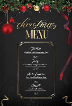 a christmas menu is shown with ornaments and decorations on the blackboard, as well as red