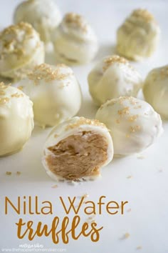 white chocolate truffles with gold sprinkles on top and the words, nilla wafer truffles