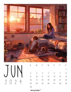 a calendar with a painting of a woman sitting on a bed next to her dog