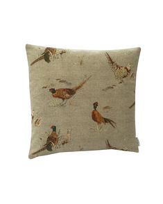 a pillow with pheasants printed on the front and back, sitting on a white background