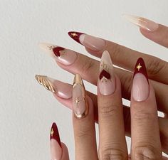 Red Gold Almond Nails, Red And Gold Nails Design, Gold Red Nails, Vintage Nails Design Retro, Red Gold Nails, Embellished Nails, Grunge Nails, Gold Nail