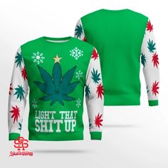 Get ready to spread some holiday cheer (and a few laughs) with our outrageous Ugly Christmas Sweater!
Buy now "Weed Leaf Light That Shit Up Ugly Christmas Sweater Green" today from our store.
These festive sweaters are designed to be as tacky as they are fun. Featuring eye-catching patterns, bright colors, and over-the