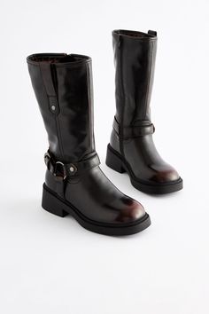 Perfect for the colder months, she'll love these tall faux leather biker boots, with buckle detailing and a zippered fastening, a cosy houndstooth lining and a chunky durable outsole. Upper - Other Materials, Lining & Sock - Other Materials, Textile, Sole - Other Materials. My Hood, Leather Biker Boots, Animal Print Shoes, Biker Boots, School Shoes, Girls Boots, Heeled Loafers, Work Shoes, Concert Outfit