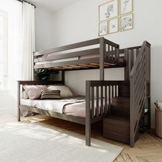 there is a bunk bed with stairs in the room