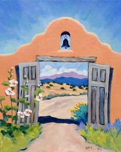 a painting of an entrance to a desert with flowers and plants on the side walk