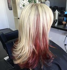 Not me Hair With 2 Colors, Blonde Red Ombre Hair, Hair Dye Ideas Blonde And Red, Blonde On Top Dark Red Underneath, Red Hair Dye Underneath Blonde, Blonde With Different Color Highlights, White Hair With Red Streaks, Ways To Dye Your Hair Red, Blond With Red Hair