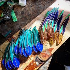 some blue and green feathers sitting on top of a wooden board