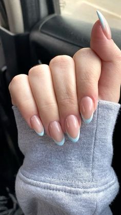 Light Blue Nails With French Tips, Powder Blue Nails French Tip, Dusty Blue French Tip Nails, Pale Blue French Tip Nails, Baby Blue Tip Nails, Baby Blue Nails French Tip, Nails Baby Blue French, Sky Blue French Tip Nails, Light Blue French Nails