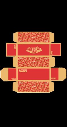 three red and yellow boxes with vans on them