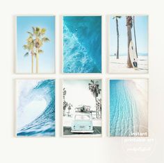 four different pictures of the ocean with palm trees and surfboards on them are arranged in a grid