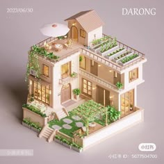 an image of a model house with plants on the roof and stairs leading up to it