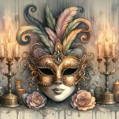 a painting of a mask with candles and roses