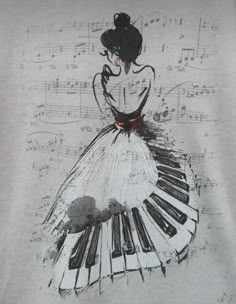 a t - shirt with an image of a woman in a dress playing the piano